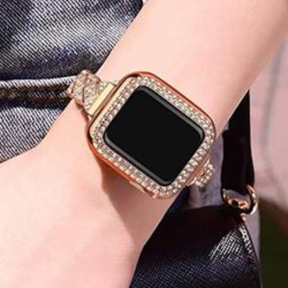 NEW Slim Rose Gold Rhinestone Apple Watch Band + Case